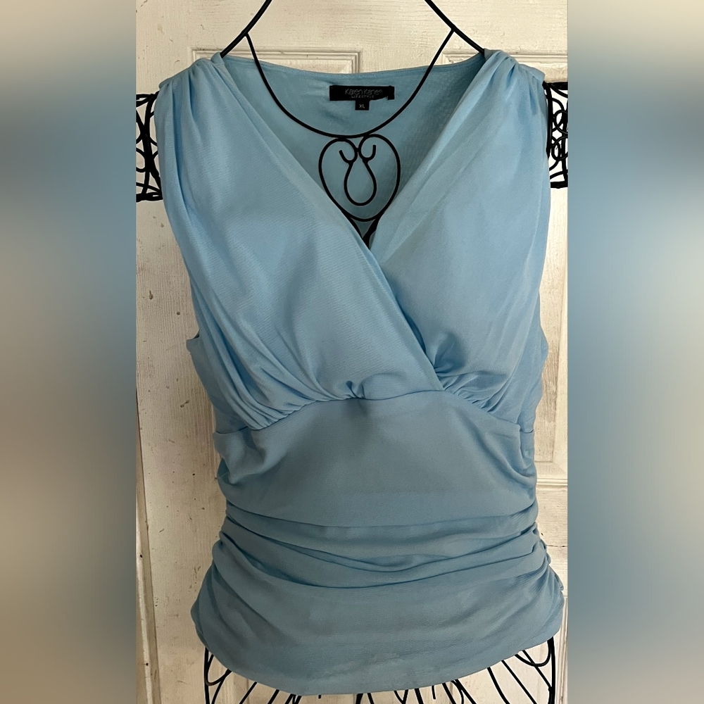 Karen Kane Blue Sleeveless Wrap Top with Ruched V-Neck
